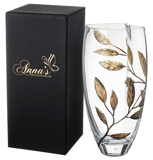 Luxury Hand Blown Glass Vase - Etched & Painted Gold Leaves - Unique Shape Vase Gold - 11.4 in (29 cm)