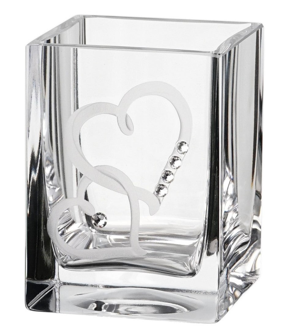 Hearts Tea Light Candle Holder - Premium Crystals and Etched Hearts - Mouth Blown Glass Candle Holder - Luxury Gift Box - 3.1 in (8 cm)