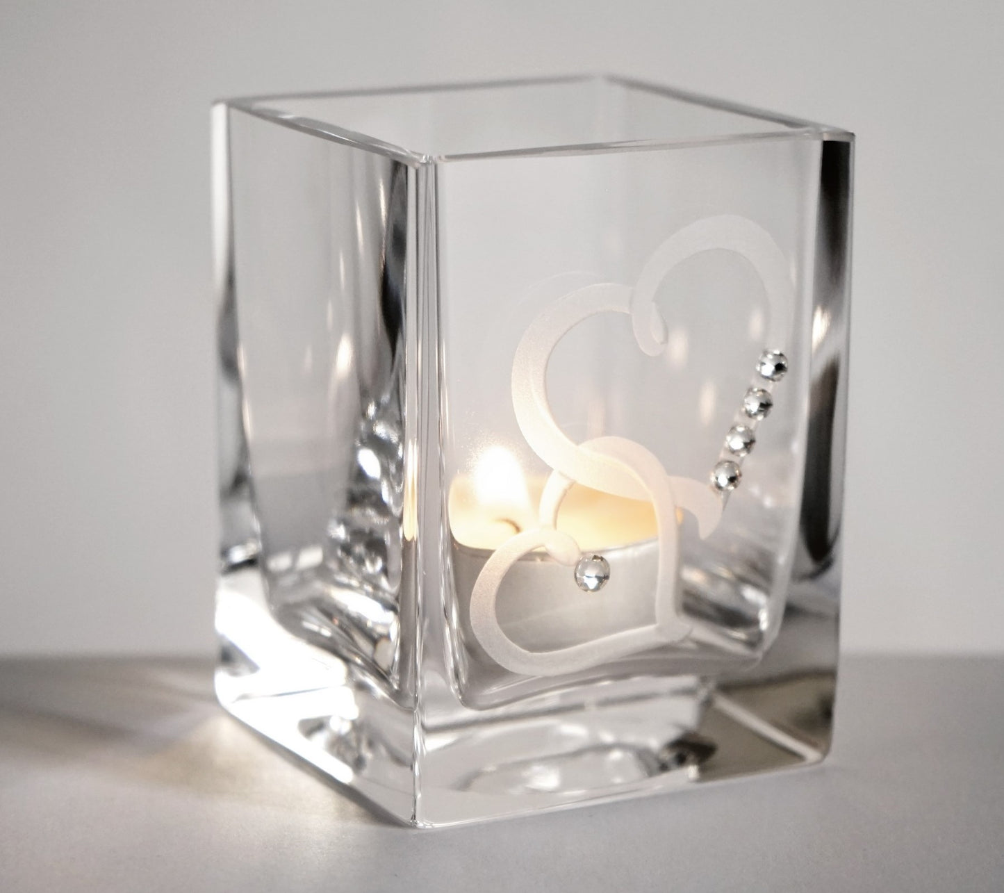 Hearts Tea Light Candle Holder - Premium Crystals and Etched Hearts - Mouth Blown Glass Candle Holder - Luxury Gift Box - 3.1 in (8 cm)