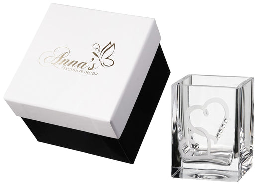 Hearts Tea Light Candle Holder - Premium Crystals and Etched Hearts - Mouth Blown Glass Candle Holder - Luxury Gift Box - 3.1 in (8 cm)