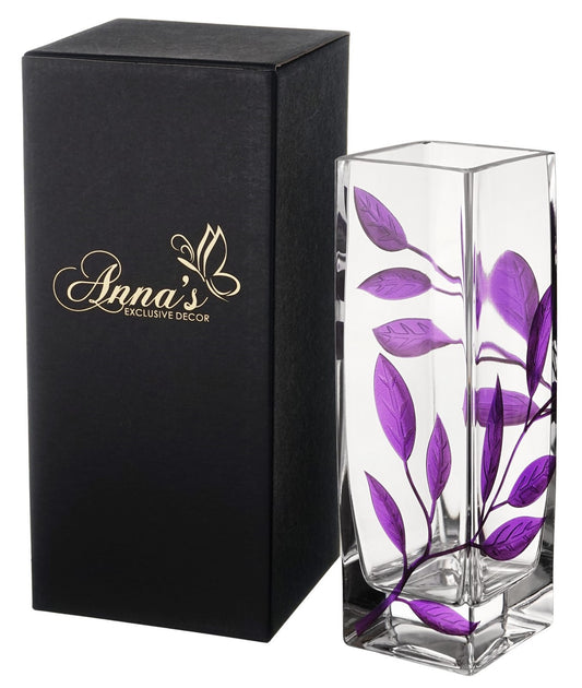 Luxury Hand Blown Glass Vase - Etched & Painted Purple Leaves - Square Vase Purple - 9.8 in (25 cm)