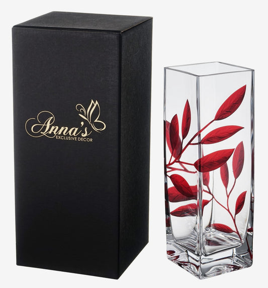 Luxury Hand Blown Glass Vase - Etched & Painted Ruby Leaves - Square Vase Red - 9.8 in (25 cm)