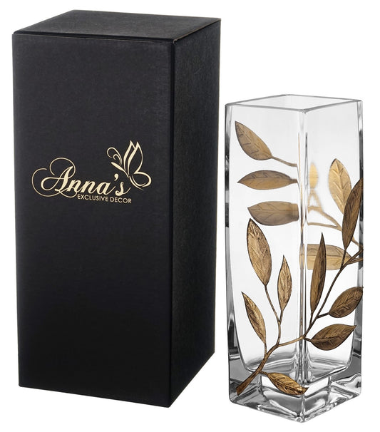 Luxury Hand Blown Glass Vase - Etched & Painted Golden Leaves - Square Vase Gold - 9.8 in (25 cm)