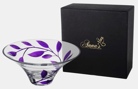 Decorative Glass Bowl Fruit Display - Etched & Hand Painted Purple Leaves - Mouth Blown Glass - Purple - D: 10.2 in (26 cm)