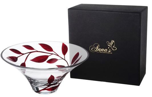 Decorative Glass Bowl Fruit Display - Etched & Hand Painted Ruby Leaves - Mouth Blown Glass - Red - D: 10.2 in (26 cm)