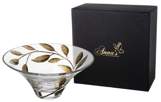 Decorative Glass Bowl Fruit Display - Etched & Hand Painted Gold Leaves - Mouth Blown Glass - Gold - D: 10.2 in (26 cm)