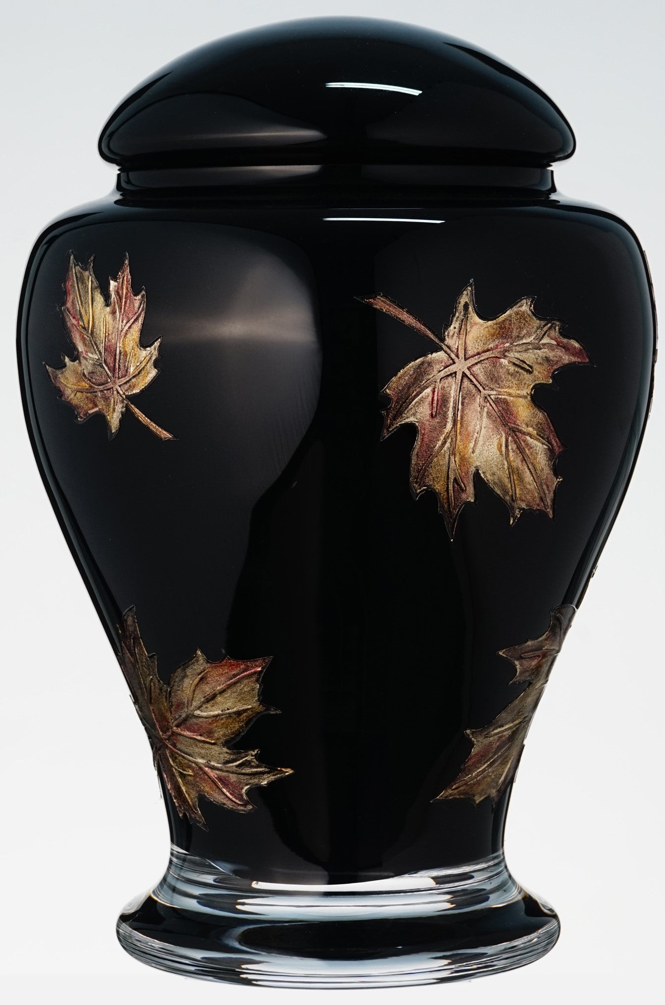 Large Black Memorial Urn for Human Ashes - Handmade Glass Cremation Urn - Etched Painted Metallic Brown Leaves - Black & Bronze - Vol. 183 cubic inch (3L)