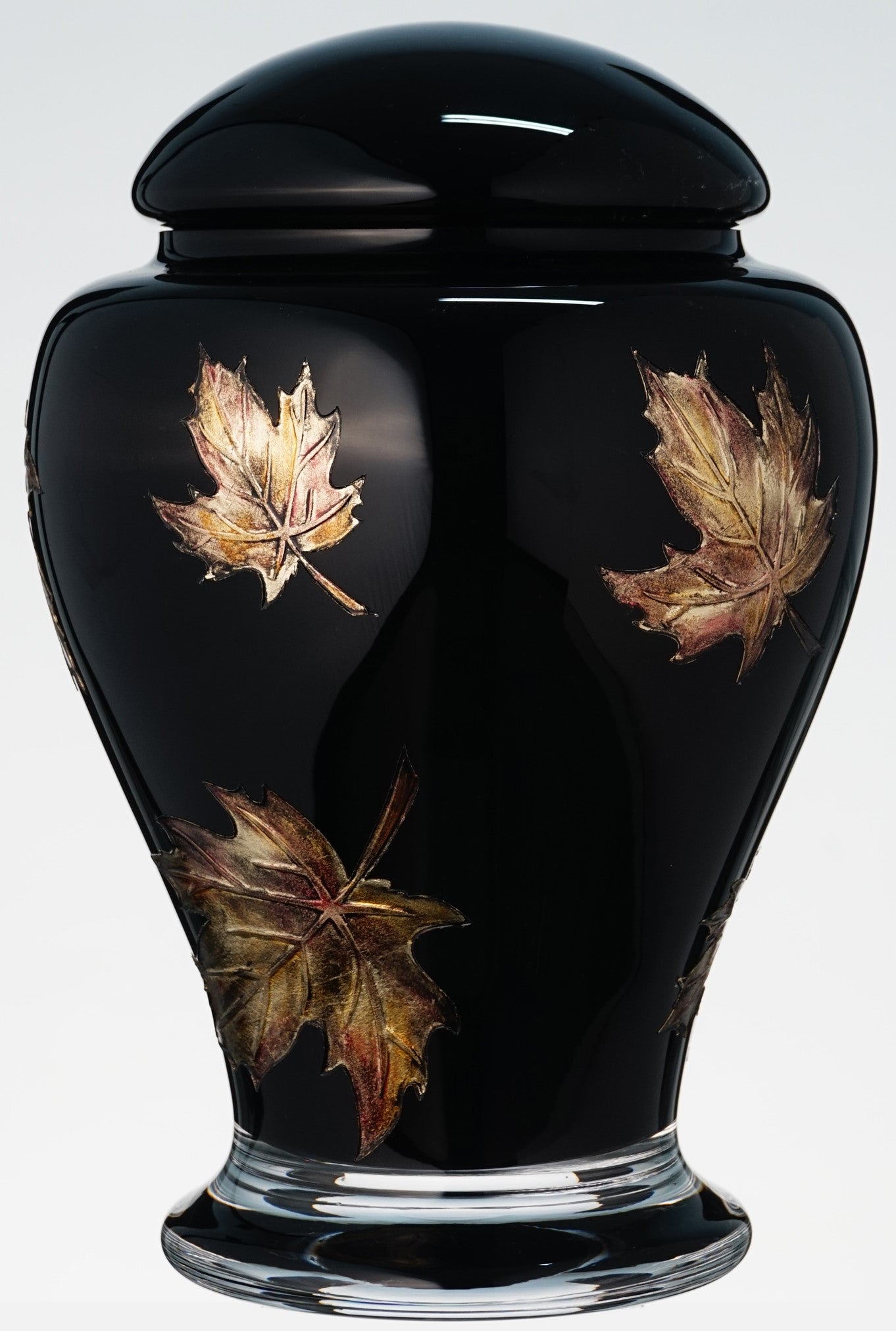 Large Black Memorial Urn for Human Ashes - Handmade Glass Cremation Urn - Etched Painted Metallic Brown Leaves - Black & Bronze - Vol. 183 cubic inch (3L)