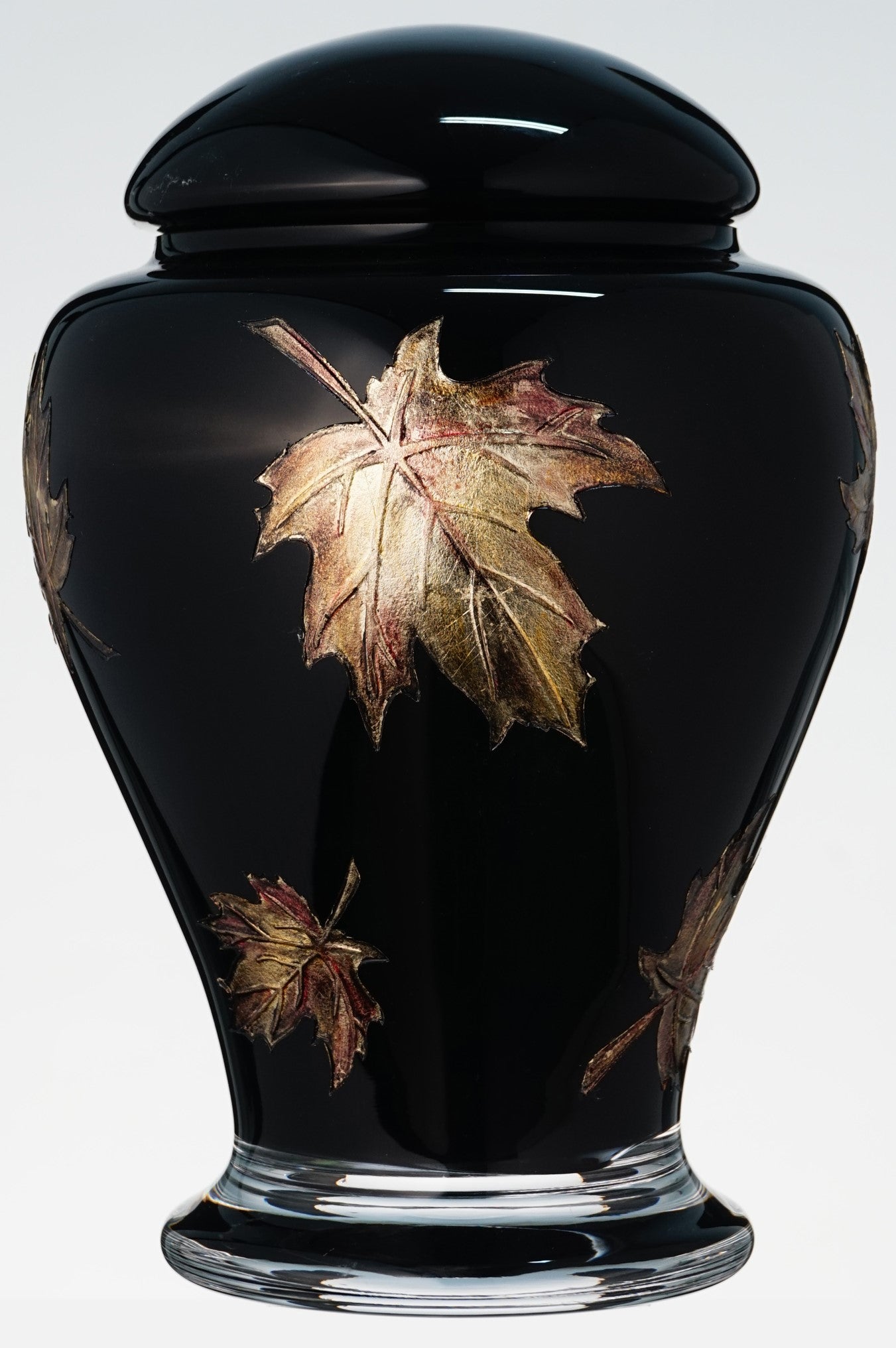 Large Black Memorial Urn for Human Ashes - Handmade Glass Cremation Urn - Etched Painted Metallic Brown Leaves - Black & Bronze - Vol. 183 cubic inch (3L)