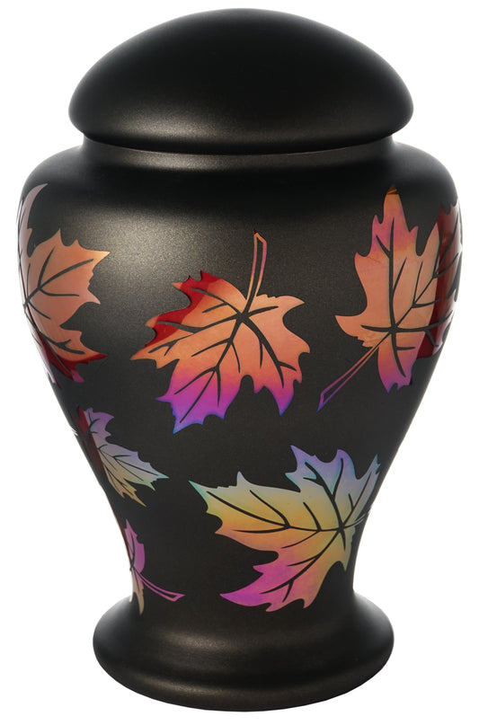 Large Black Memorial Urn for Human Ashes - Handmade Glass Cremation Urn - Painted Red & Metallic Mirror Leaves - Black & Metallic - Vol. 183 cubic inch (3L)