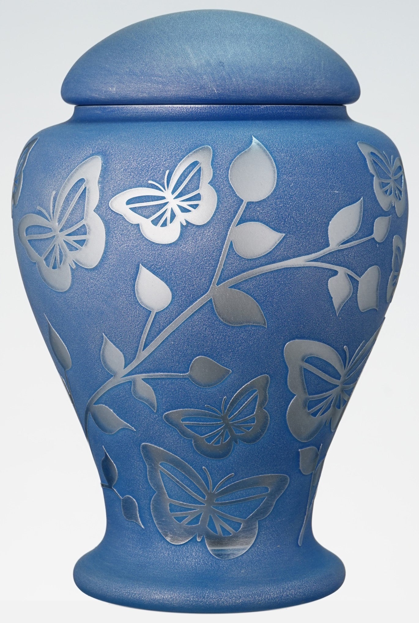 Large Blue Memorial Urn for Human Ashes - Handmade Glass Cremation Urn - Etched Painted Silver Butterflies & Leaves - Blue & Silver - Vol.183 cubic inch (3L)