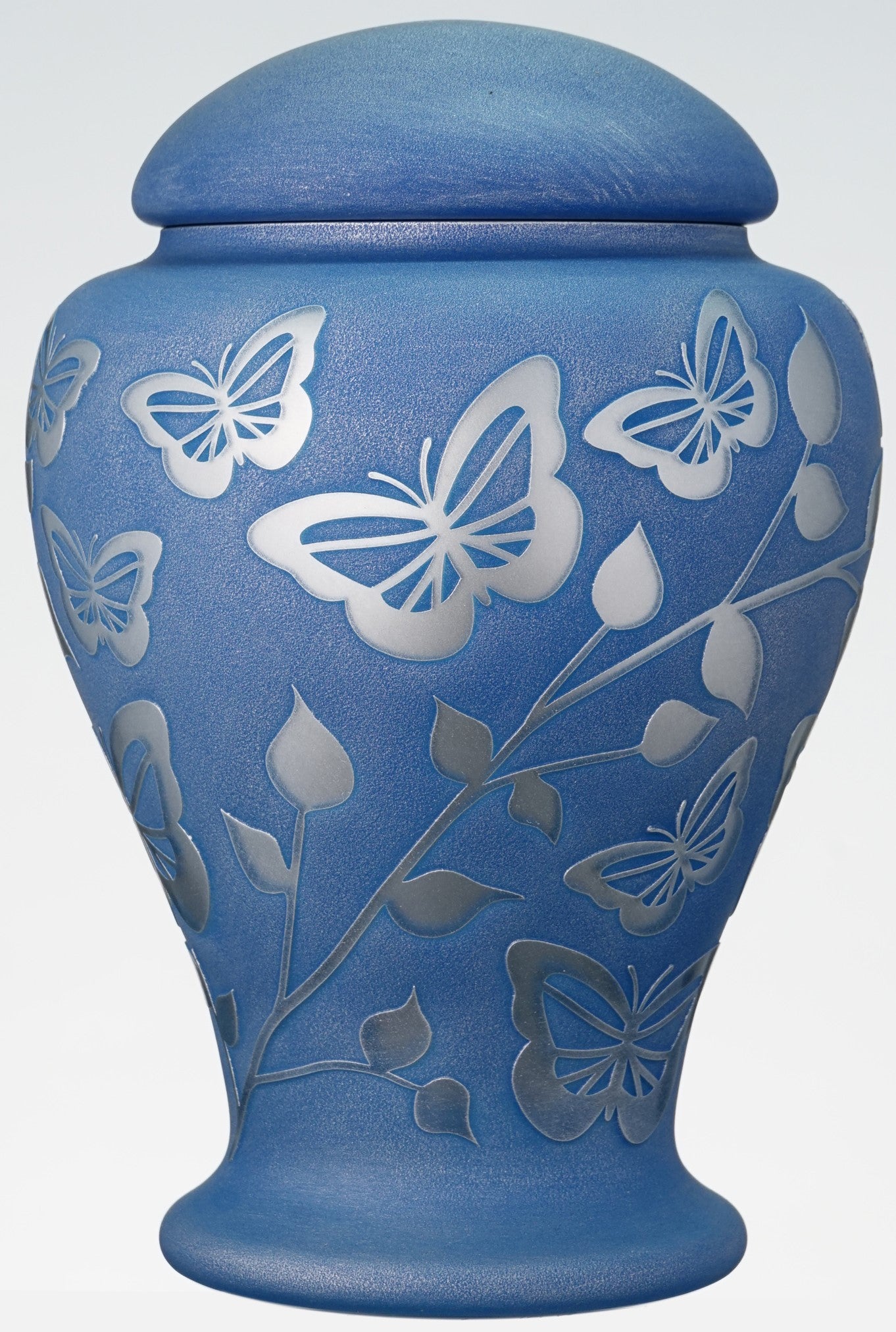Large Blue Memorial Urn for Human Ashes - Handmade Glass Cremation Urn - Etched Painted Silver Butterflies & Leaves - Blue & Silver - Vol.183 cubic inch (3L)