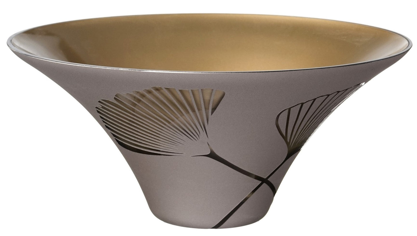 Hand-Blown Golden Glass Bowl,Etched Ginkgo Leaves – Decorative Fruit/Salad Display – Brown and Gold – Elegant Home Decor – 10.2 in (26 cm)