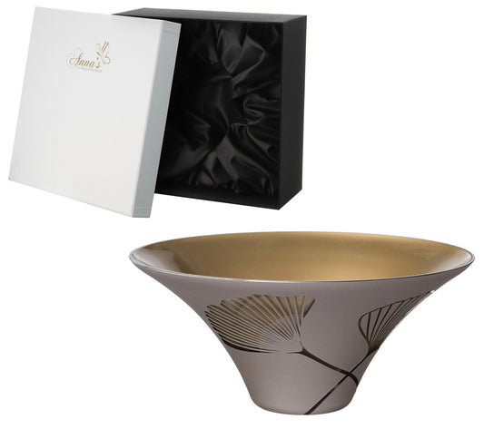 Hand-Blown Golden Glass Bowl,Etched Ginkgo Leaves – Decorative Fruit/Salad Display – Brown and Gold – Elegant Home Decor – 10.2 in (26 cm)