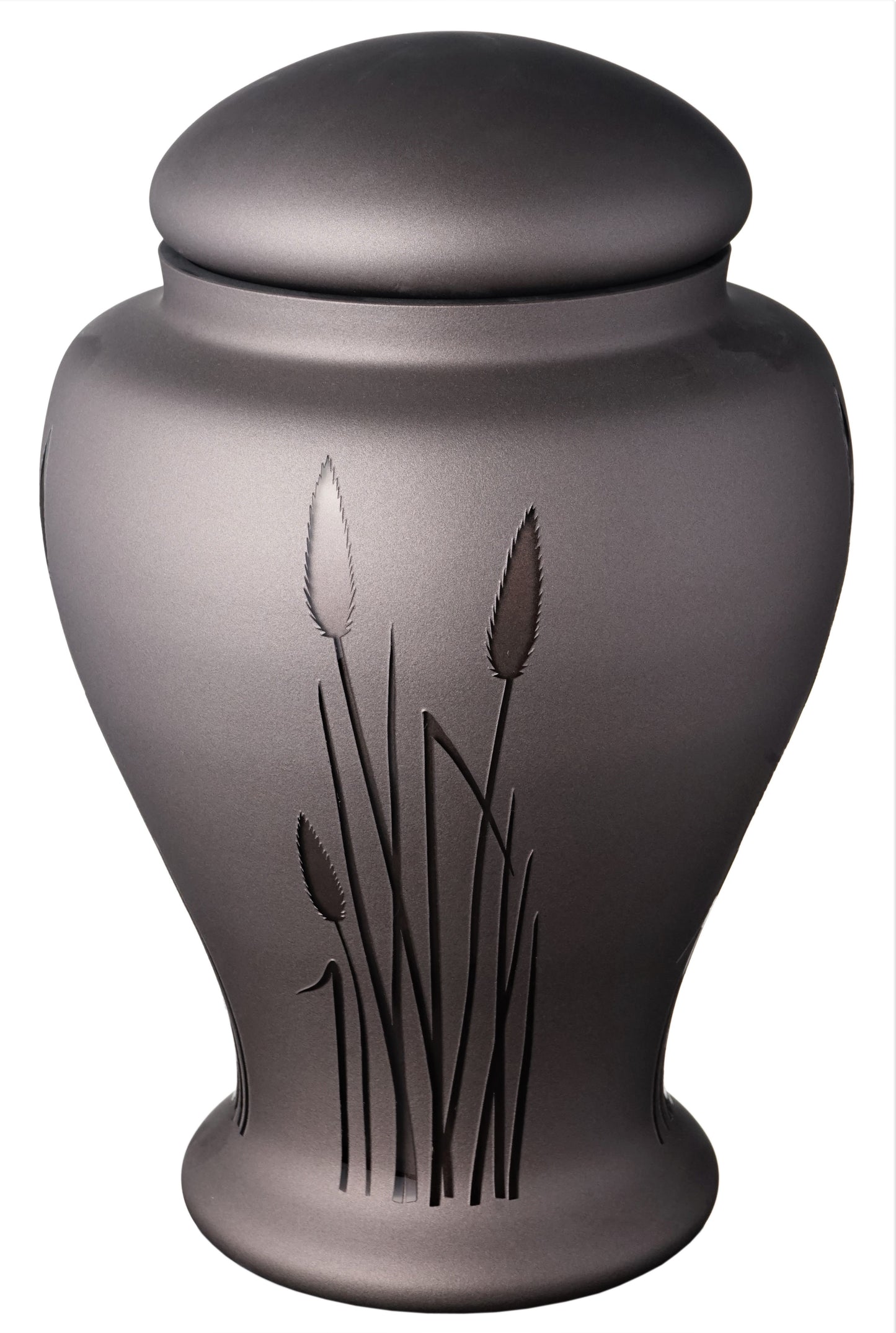 Large Brown Memorial Urn for Human Ashes - Handmade Glass Cremation Urn - Etched Reed, Nature Motif - Brown - Vol. 183 cubic inch (3L)