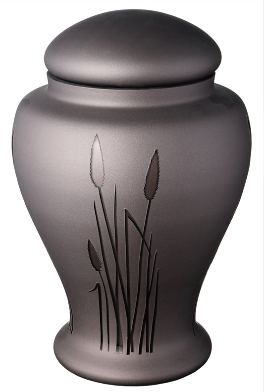 Large Brown Memorial Urn for Human Ashes - Handmade Glass Cremation Urn - Etched Reed, Nature Motif - Brown - Vol. 183 cubic inch (3L)