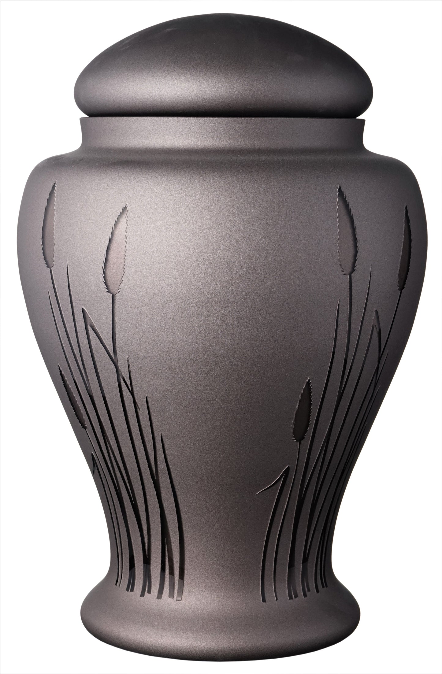 Large Brown Memorial Urn for Human Ashes - Handmade Glass Cremation Urn - Etched Reed, Nature Motif - Brown - Vol. 183 cubic inch (3L)