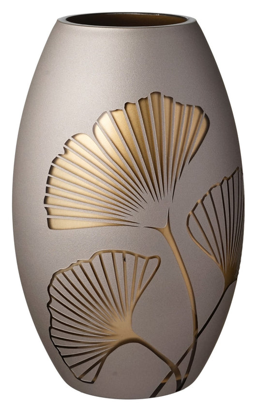 Golden Glass Vase - Etched and Painted Gold Ginkgo Leaves - Hand Blown Glass for Elegant Home Wedding Decor - Brown, Gold - 9.1 in (23 cm)