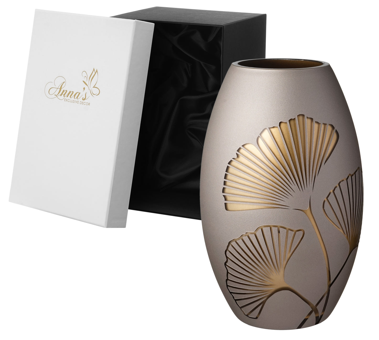 Golden Glass Vase - Etched and Painted Gold Ginkgo Leaves - Hand Blown Glass for Elegant Home Wedding Decor - Brown, Gold - 9.1 in (23 cm)