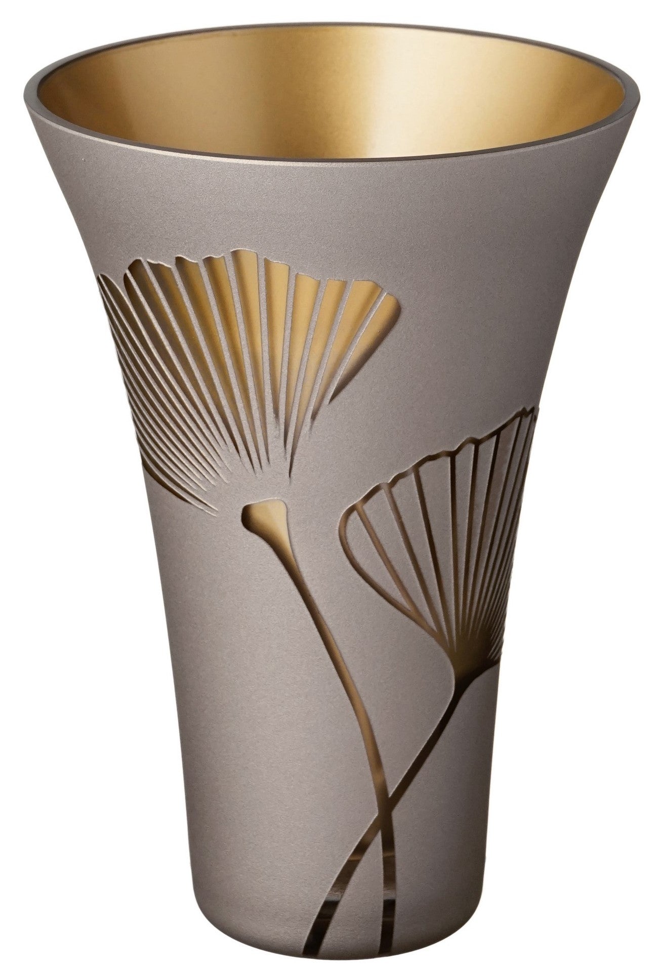 Hand-Blown Golden Glass Vase – Etched Ginkgo Leaves – Elegant Wedding/Home Decor – Pearl Brown & Gold – Gift Boxed – 9.4 in (24 cm)