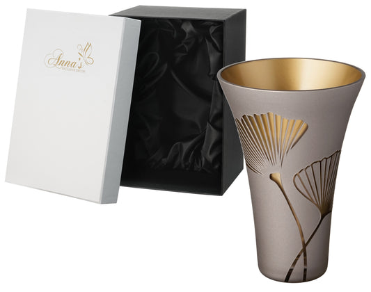 Hand-Blown Golden Glass Vase – Etched Ginkgo Leaves – Elegant Wedding/Home Decor – Pearl Brown & Gold – Gift Boxed – 9.4 in (24 cm)