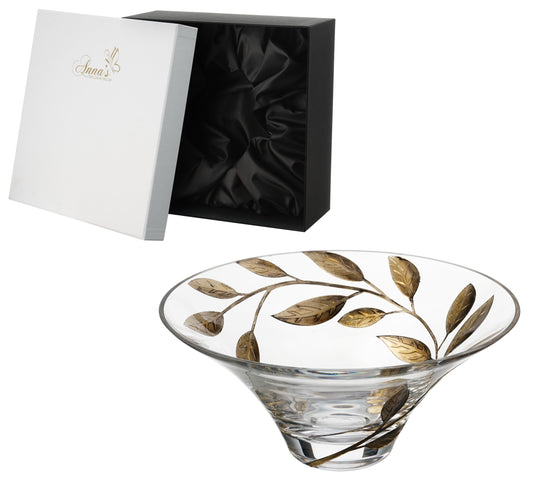 Decorative Glass Bowl Fruit Display - Etched & Hand Painted Gold Leaves - Mouth Blown Glass - Gold - D: 10.2 in (26 cm)