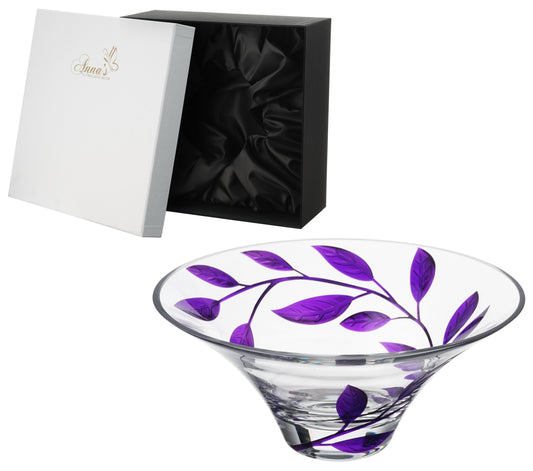 Decorative Glass Bowl Fruit Display - Etched & Hand Painted Purple Leaves - Mouth Blown Glass - Purple - D: 10.2 in (26 cm)