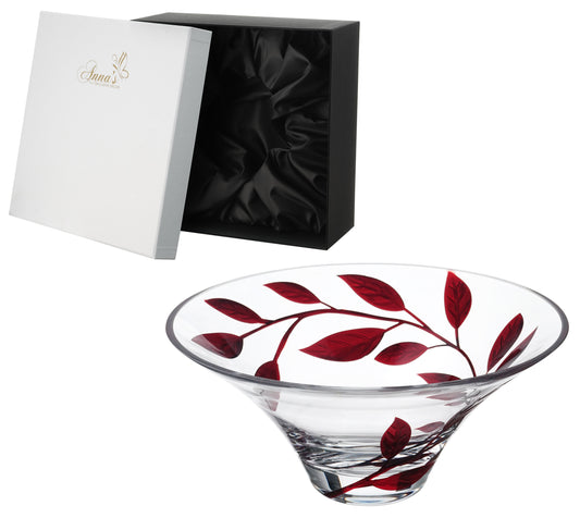 Decorative Glass Bowl Fruit Display - Etched & Hand Painted Ruby Leaves - Mouth Blown Glass - Red - D: 10.2 in (26 cm)