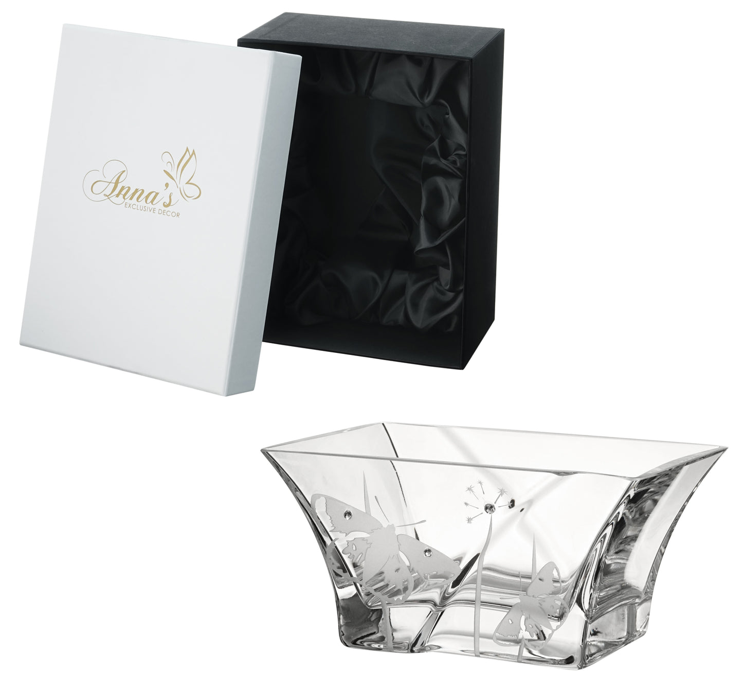 Small Hand-Blown Glass Bowl – Swarovski Crystals and Etched Butterflies – Clear Candy Dish/Fruit Bowl – Elegant Decor – 7 in (18 cm)
