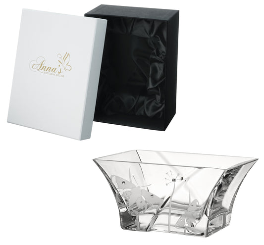 Small Hand-Blown Glass Bowl – Swarovski Crystals and Etched Butterflies – Clear Candy Dish/Fruit Bowl – Elegant Decor – 7 in (18 cm)