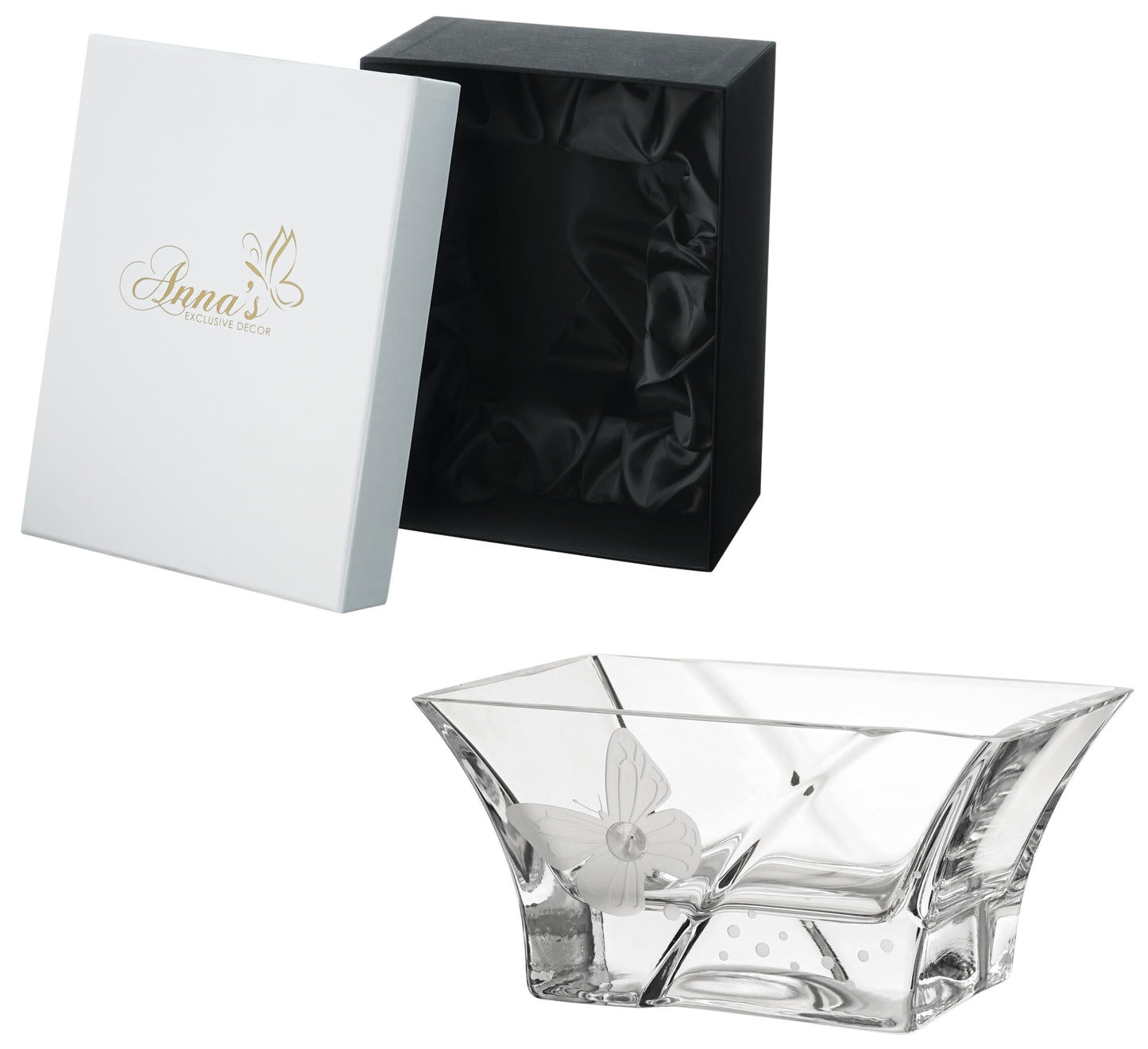 Small Hand Blown Glass Bowl - Crystal from Swarovski & Etched Butterfly, Clear Glass - Small Fruit Nuts Bowl, Candy Dish - Dia: 7 in (18 cm)