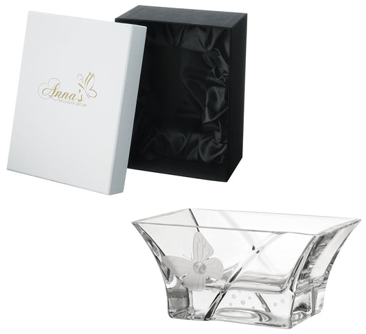 Small Hand Blown Glass Bowl - Crystal from Swarovski & Etched Butterfly, Clear Glass - Small Fruit Nuts Bowl, Candy Dish - Dia: 7 in (18 cm)