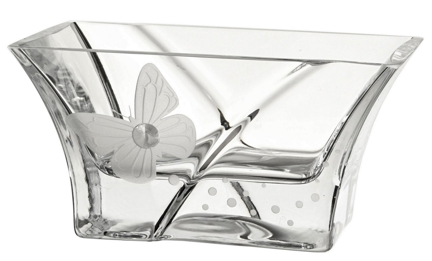 Small Hand Blown Glass Bowl - Crystal from Swarovski & Etched Butterfly, Clear Glass - Small Fruit Nuts Bowl, Candy Dish - Dia: 7 in (18 cm)