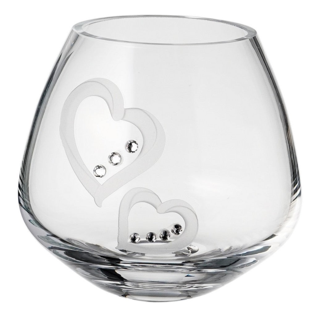 Hearts Tea Light Candle Holder - Crystals from Swarovski & Etched Hearts - Hand Blown Glass Candle Holder - Luxury Gift Box - 3.9 in (10 cm)