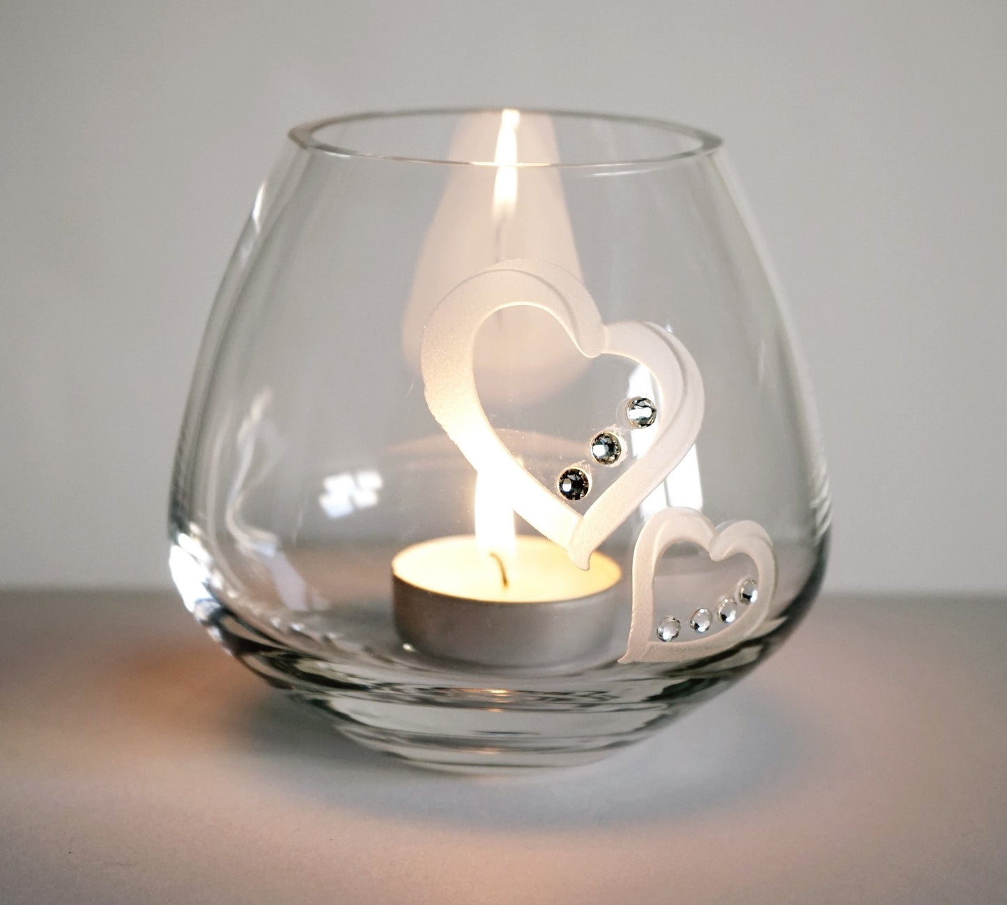 Hearts Tea Light Candle Holder - Crystals from Swarovski & Etched Hearts - Hand Blown Glass Candle Holder - Luxury Gift Box - 3.9 in (10 cm)