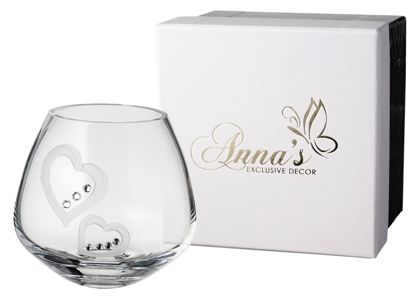 Hearts Tea Light Candle Holder - Crystals from Swarovski & Etched Hearts - Hand Blown Glass Candle Holder - Luxury Gift Box - 3.9 in (10 cm)