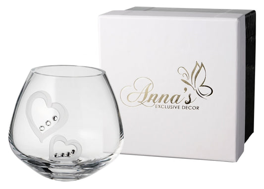 Hearts Tea Light Candle Holder - Crystals from Swarovski & Etched Hearts - Hand Blown Glass Candle Holder - Luxury Gift Box - 3.9 in (10 cm)