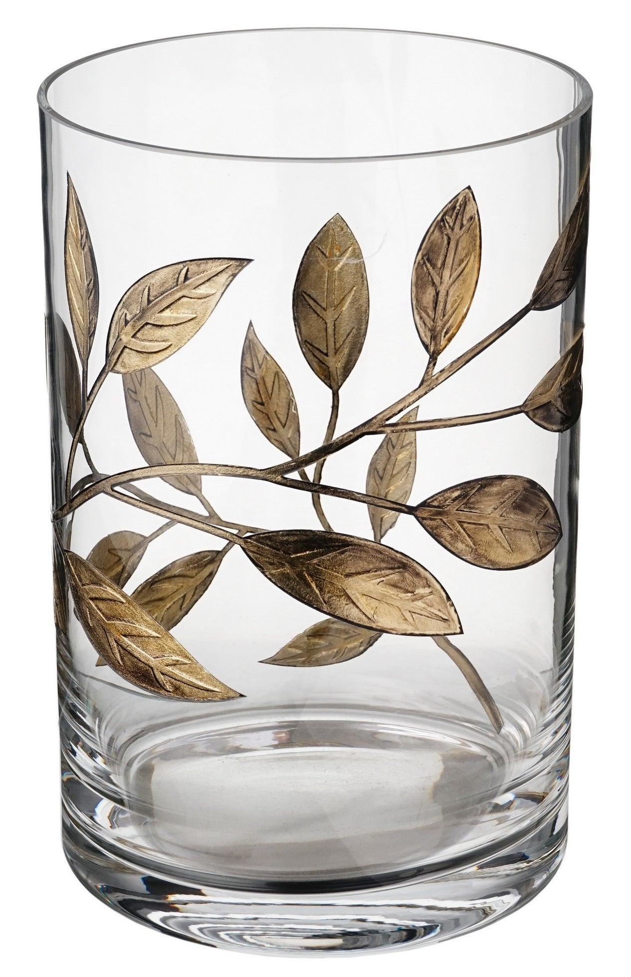 Mouth-Blown Hurricane Candleholder – Golden Etched Leaves – Elegant Wedding/Home Decor – Thick Glass – Decorative 8.7 in (22 cm)