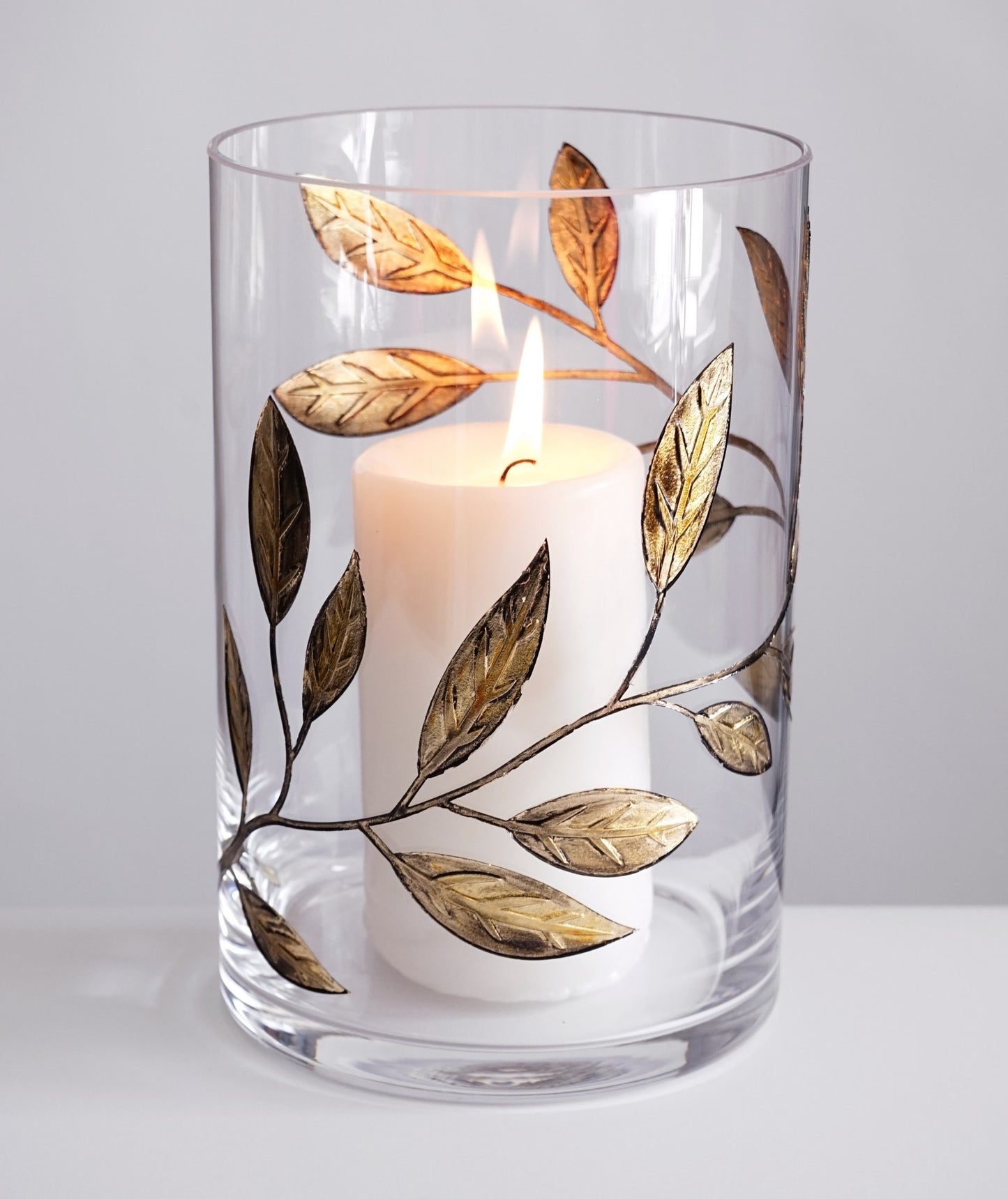Mouth-Blown Hurricane Candleholder – Golden Etched Leaves – Elegant Wedding/Home Decor – Thick Glass – Decorative 8.7 in (22 cm)