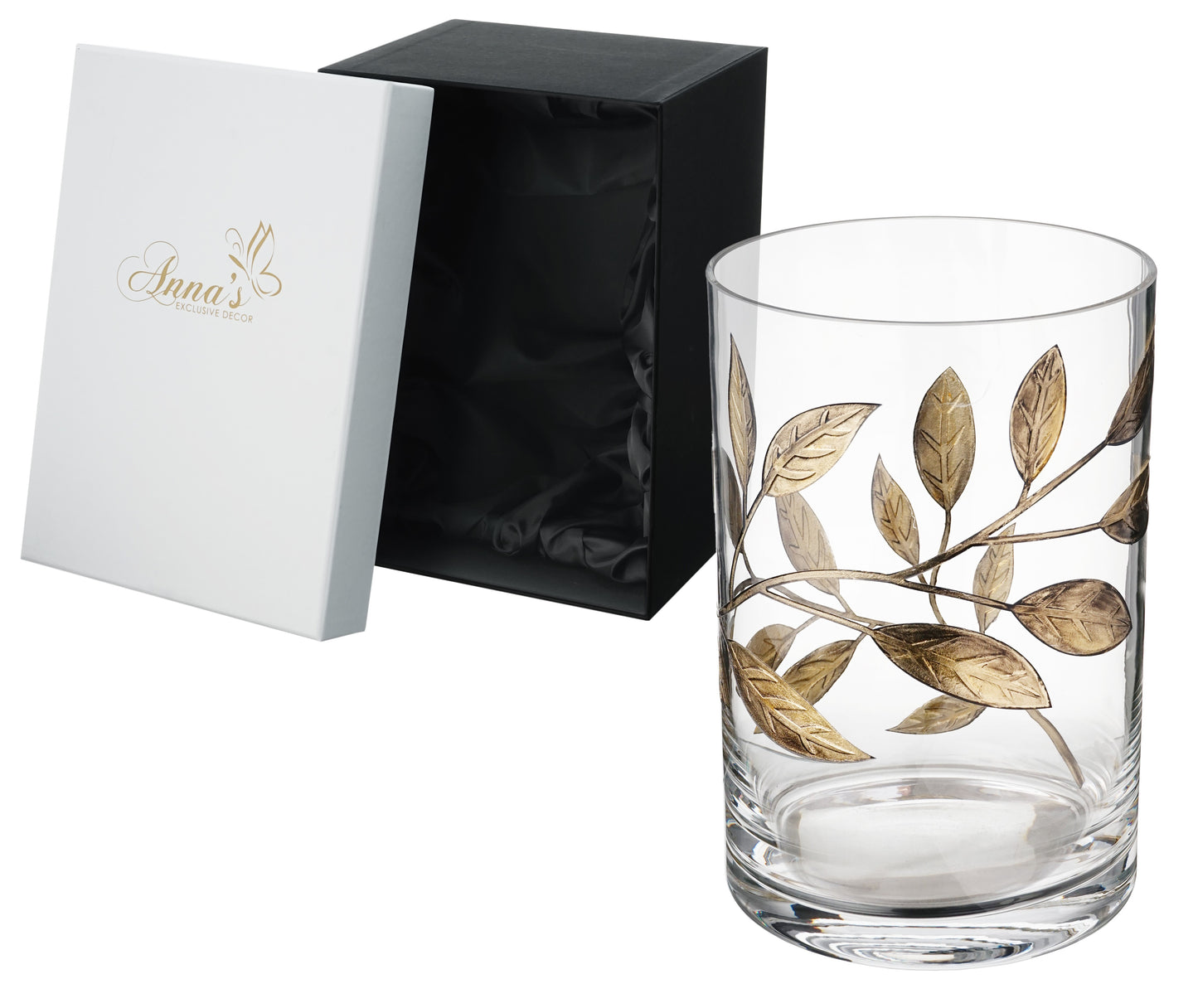 Mouth-Blown Hurricane Candleholder – Golden Etched Leaves – Elegant Wedding/Home Decor – Thick Glass – Decorative 8.7 in (22 cm)