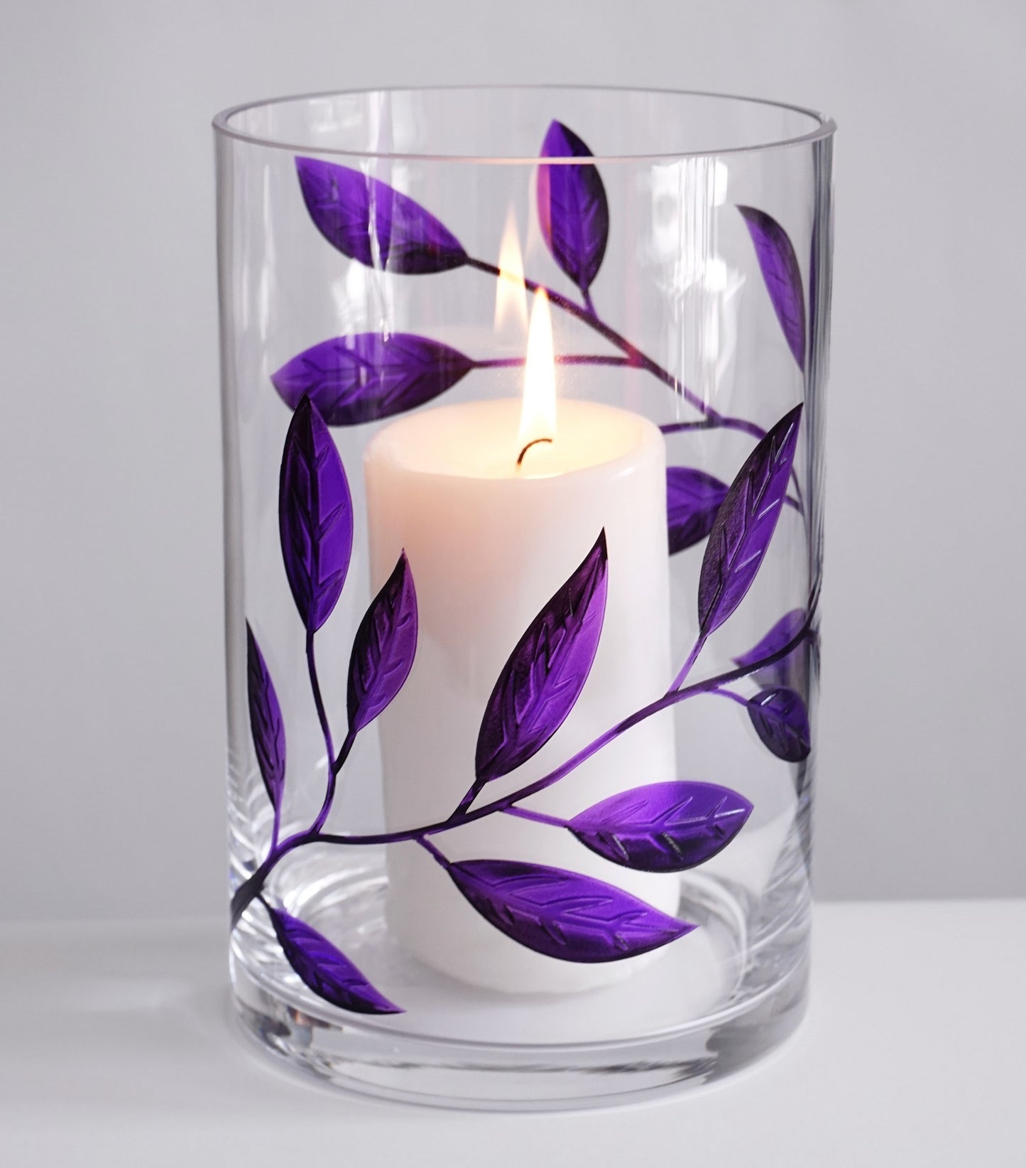 Mouth-Blown Hurricane Candleholder – Purple Etched Leaves – Elegant Wedding/Home Decor – Thick Glass – Decorative 8.7 in (22 cm)