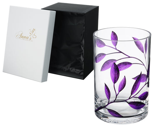 Mouth-Blown Hurricane Candleholder – Purple Etched Leaves – Elegant Wedding/Home Decor – Thick Glass – Decorative 8.7 in (22 cm)