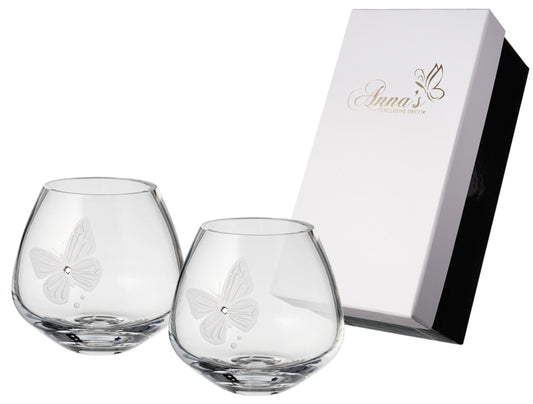 Butterfly Tea Light Holders - Set of 2 - Swarovski Crystal & Etched Butterfly - Hand Blown Glass Candleholders Set - Luxury Gift Box - 4 in (10 cm)