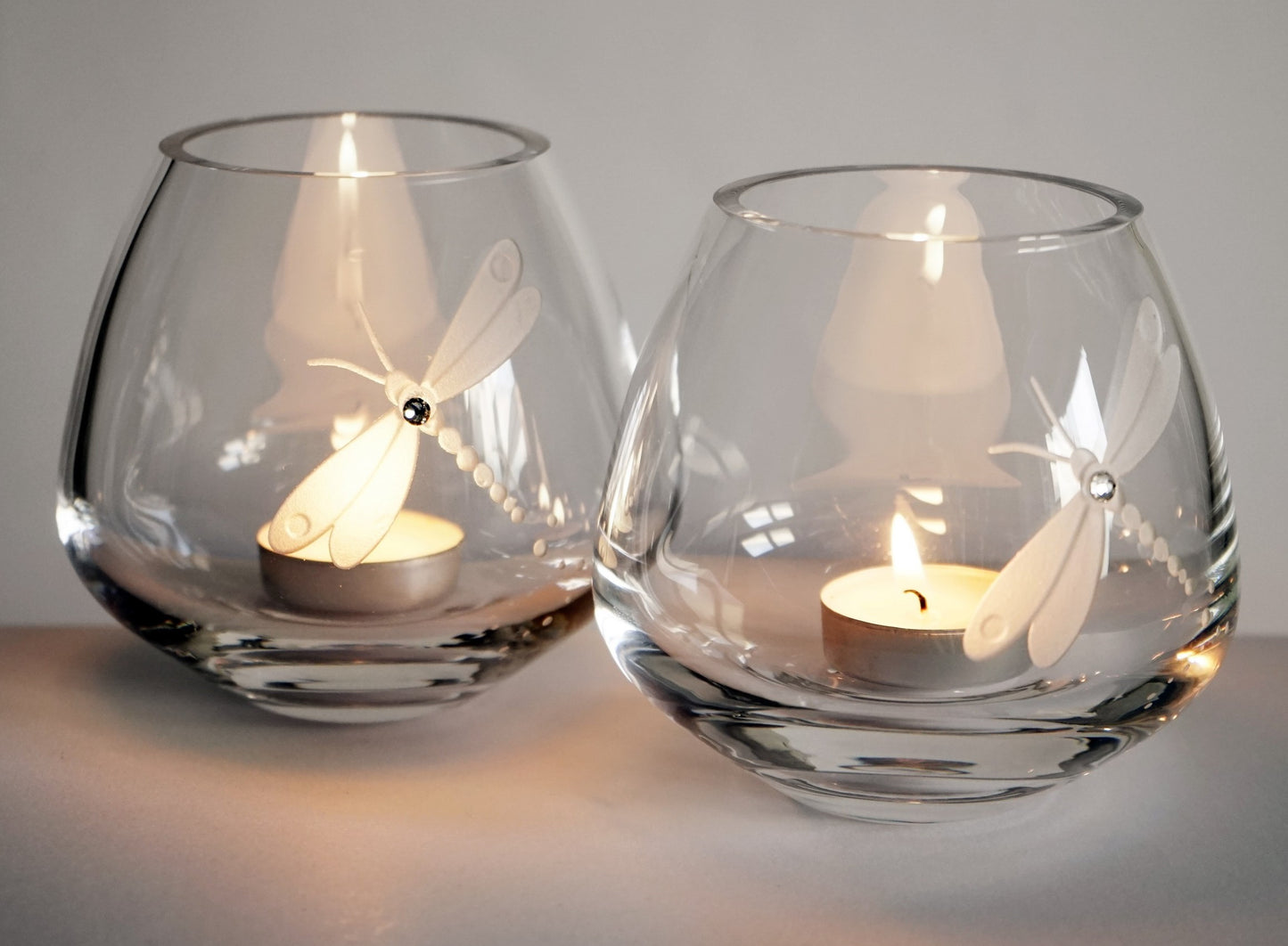 Hand-Blown Dragonfly Tea Light Holders Set of 2 – Swarovski Crystals & Etched Design – Luxury Candleholders Gift Boxed – 4 in (10 cm)
