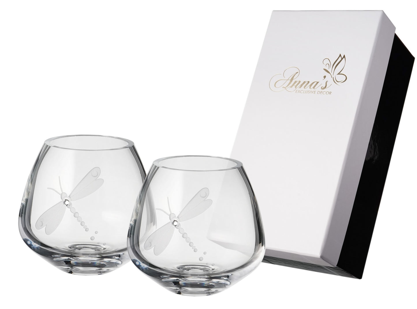 Hand-Blown Dragonfly Tea Light Holders Set of 2 – Swarovski Crystals & Etched Design – Luxury Candleholders Gift Boxed – 4 in (10 cm)