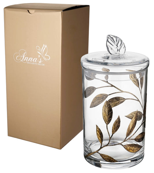 Decorative Glass Storage Container with Lid - Food Candy Display Jar Large - Etched Painted Leaves Decor - 11.4 in (29 cm) (Gold)