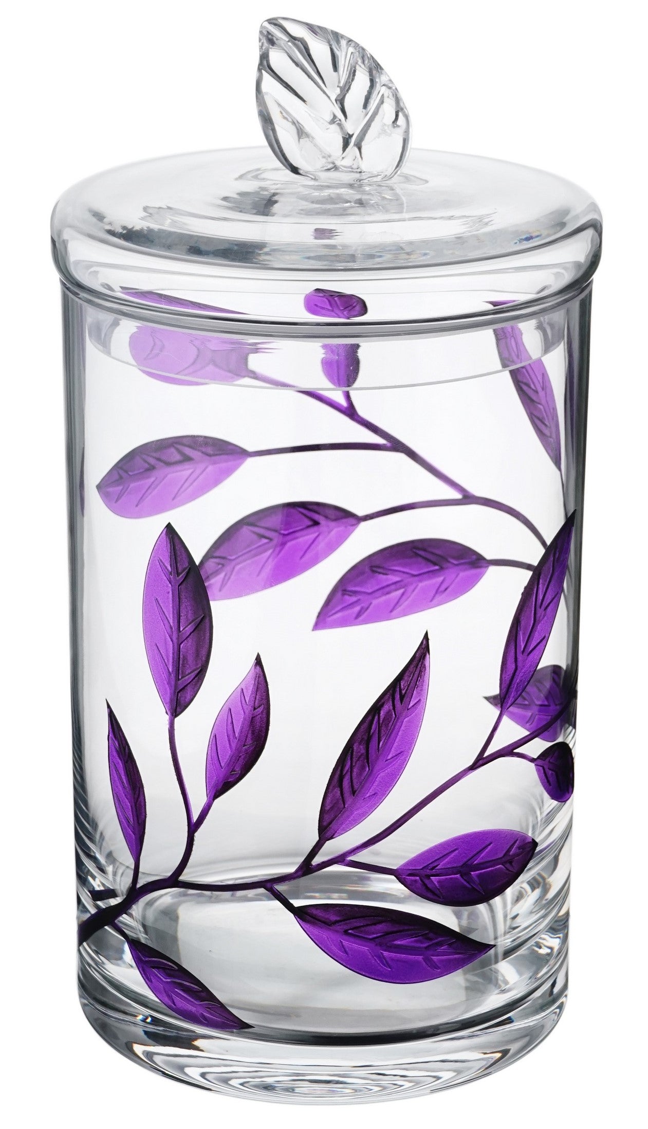 Decorative Glass Storage Container with Lid - Food Candy Display Jar Large - Etched Painted Leaves Decor - 11.4 in (29 cm) (Purple)