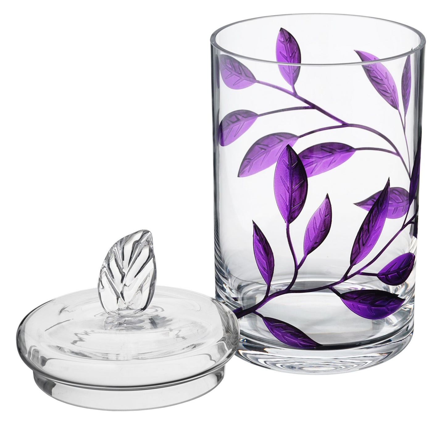 Decorative Glass Storage Container with Lid - Food Candy Display Jar Large - Etched Painted Leaves Decor - 11.4 in (29 cm) (Purple)