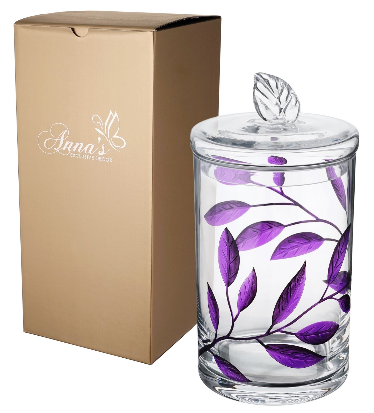 Decorative Glass Storage Container with Lid - Food Candy Display Jar Large - Etched Painted Leaves Decor - 11.4 in (29 cm) (Purple)