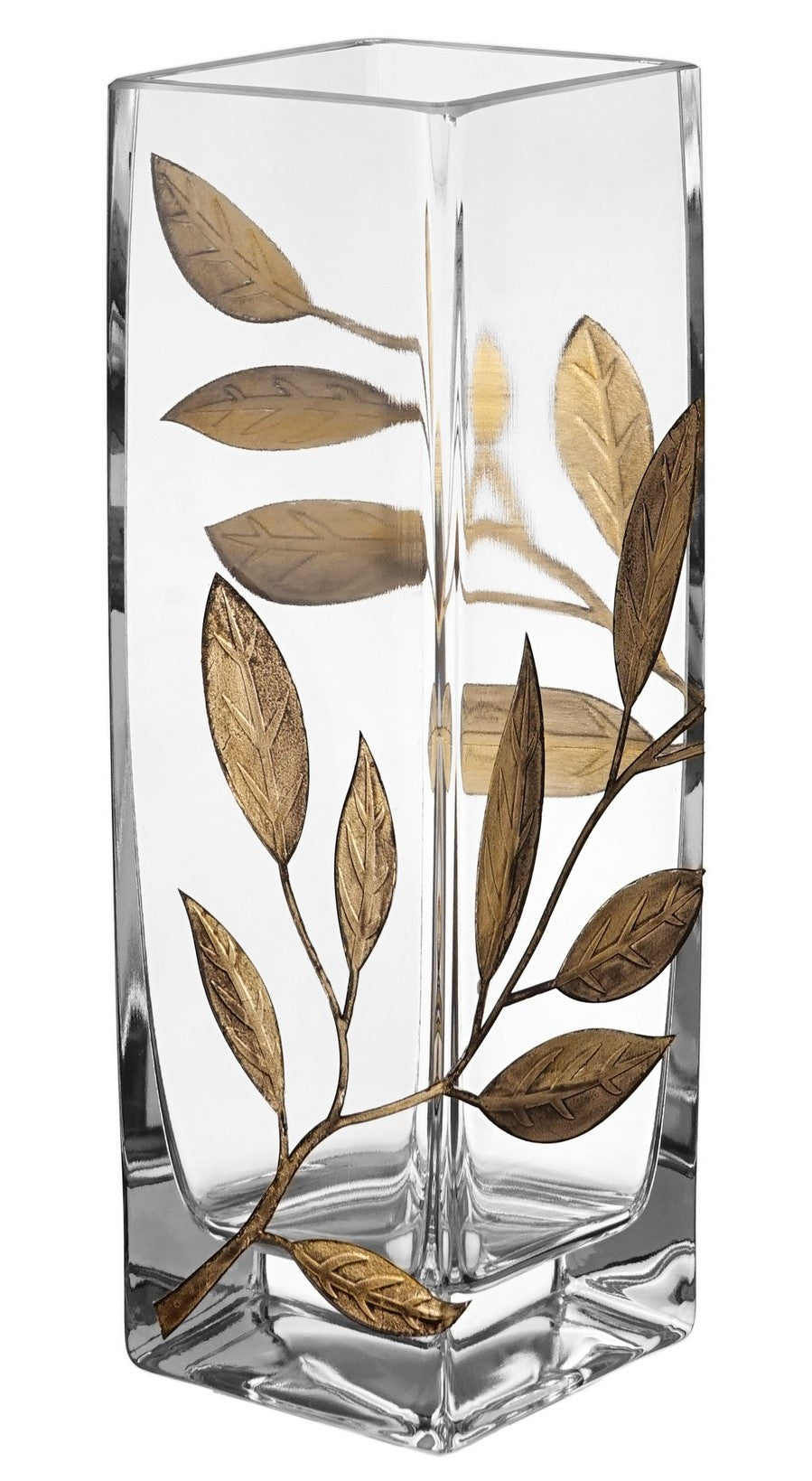 Luxury Hand Blown Glass Vase - Etched & Painted Golden Leaves - Square Vase Gold - 9.8 in (25 cm)